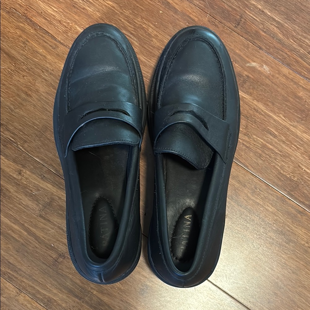 Patina Black Leather Platform Loafers